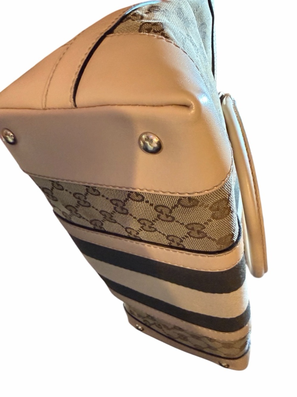 ✨ PRISTINE ✨ Gucci GG Monogram Canvas Web Stripe Tote Bag – Tan Leather - Picture 12 of 14